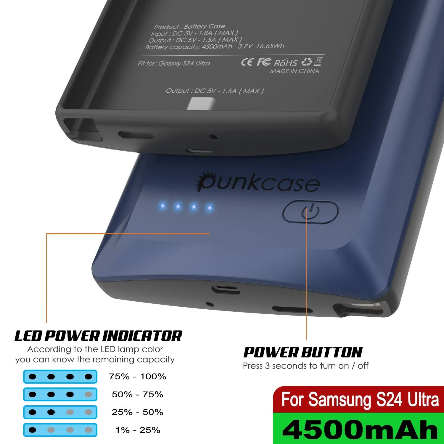 PunkJuice S24 Ultra Battery Case Blue - Portable Charging Power Juice Bank with 4500mAh