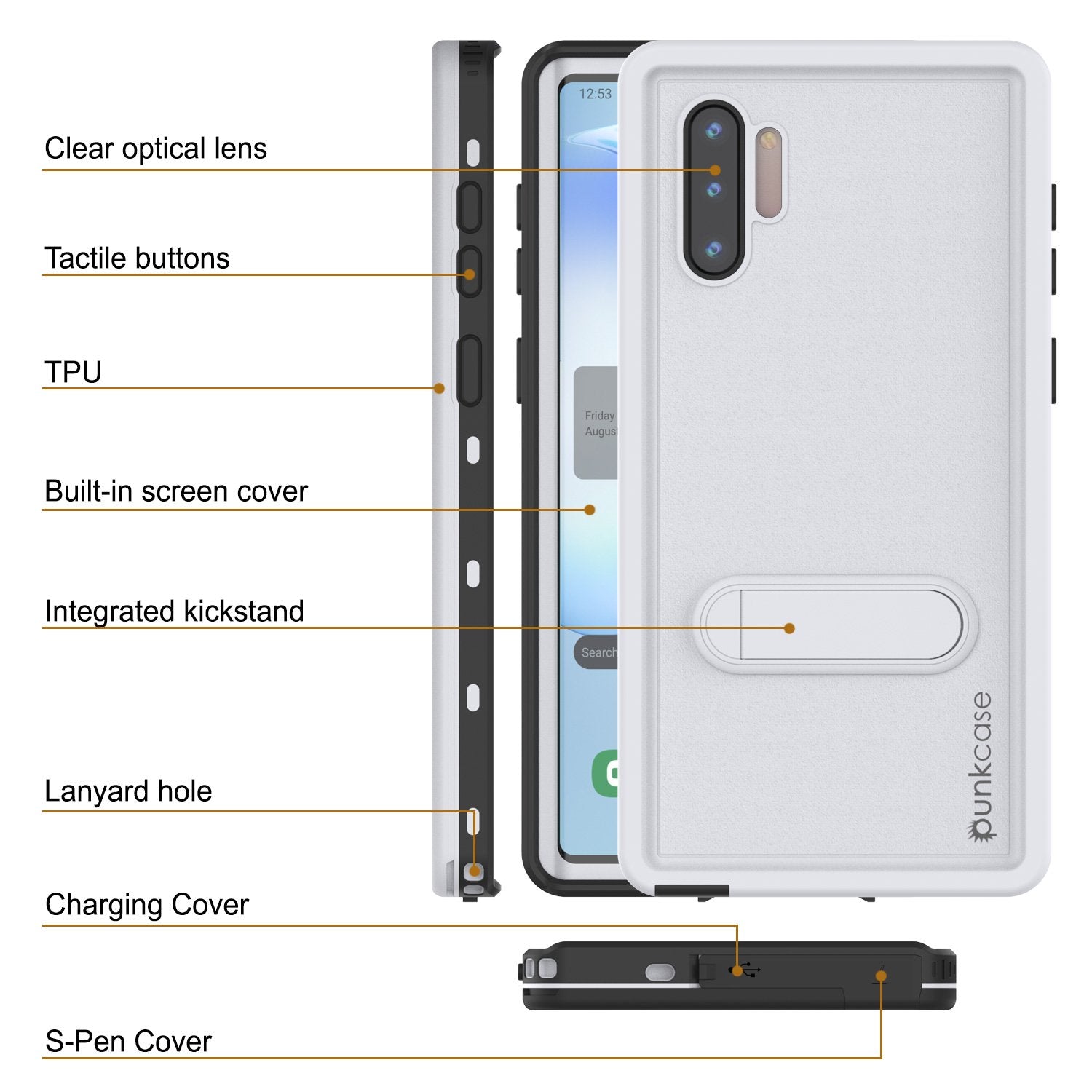 PunkCase Galaxy Note 10 Waterproof Case, [KickStud Series] Armor Cover [White]