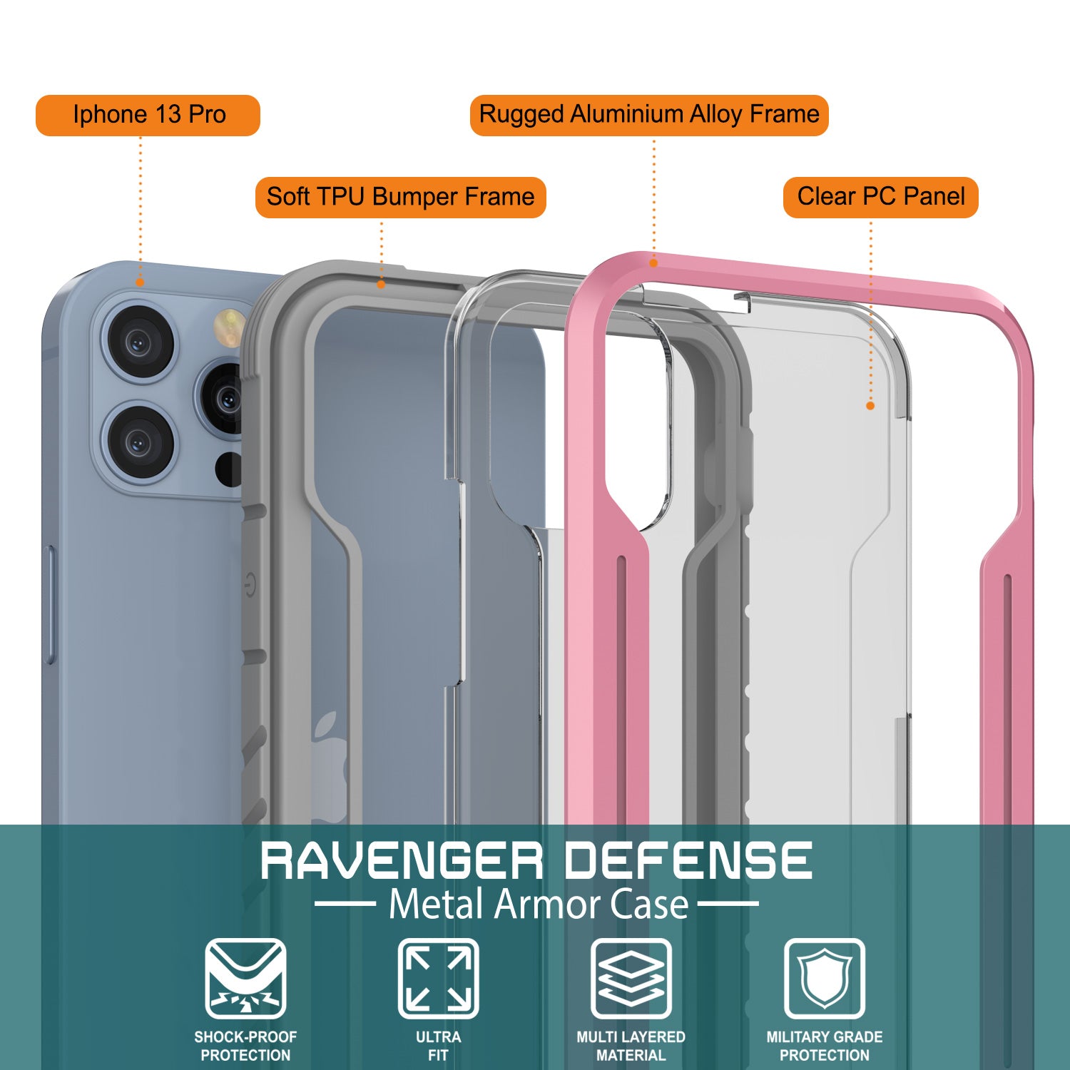 Punkcase iPhone 14 Pro Ravenger MAG Defense Case Protective Military Grade Multilayer Cover [Rose-Gold]