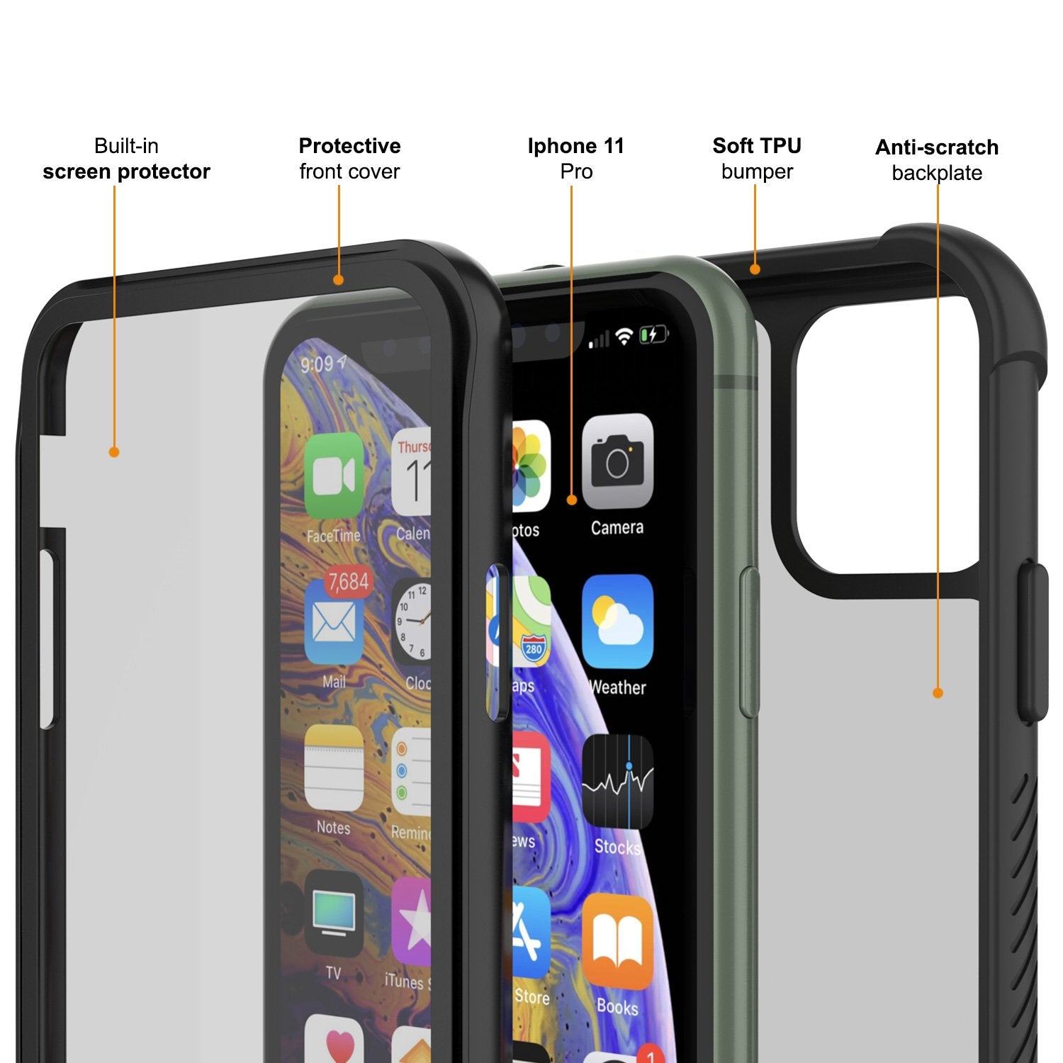 PunkCase iPhone 11 Pro Case, [Spartan Series] Clear Rugged Heavy Duty Cover W/Built in Screen Protector [Black]