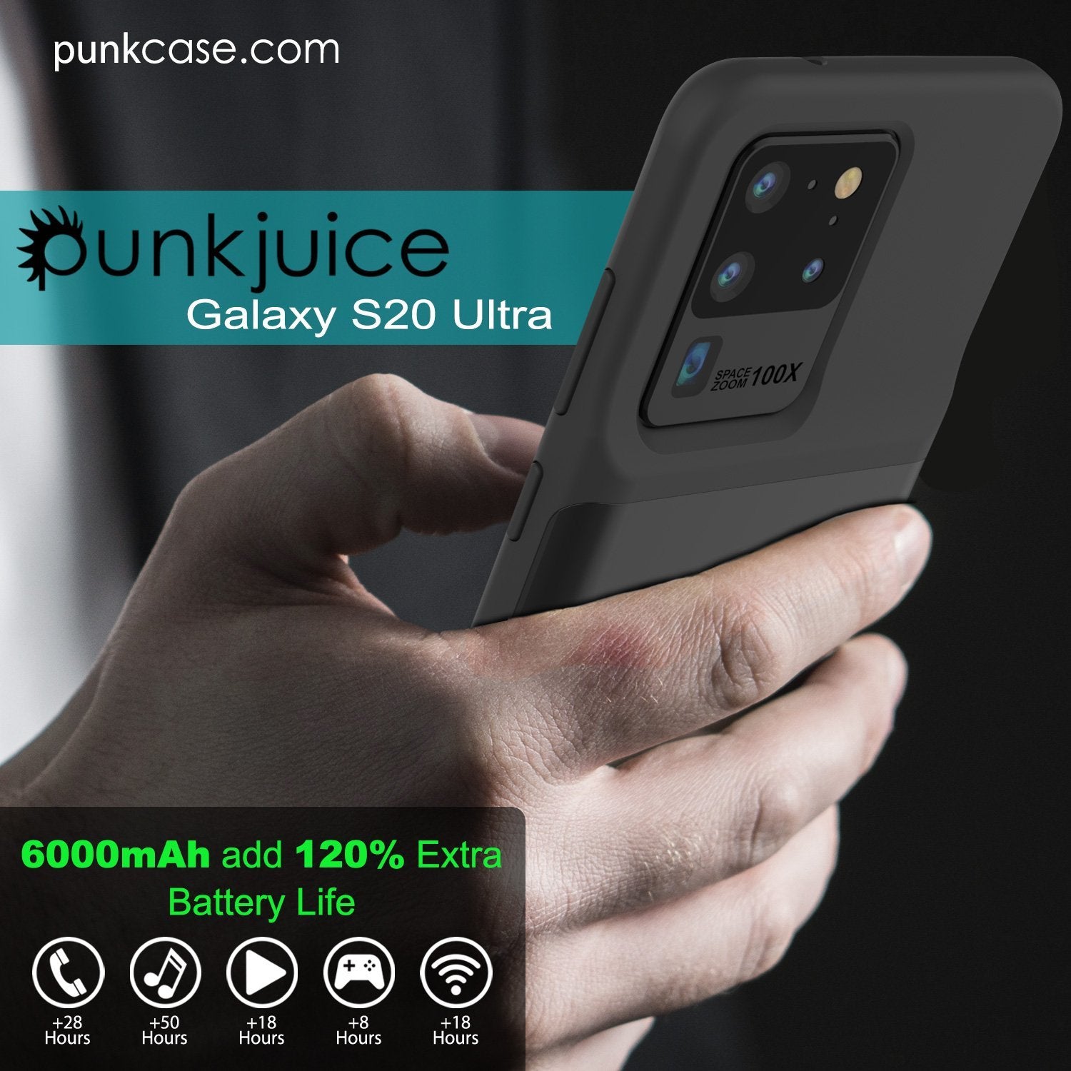 PunkJuice S20 Ultra Battery Case All Black - Fast Charging Power Juice Bank with 6000mAh