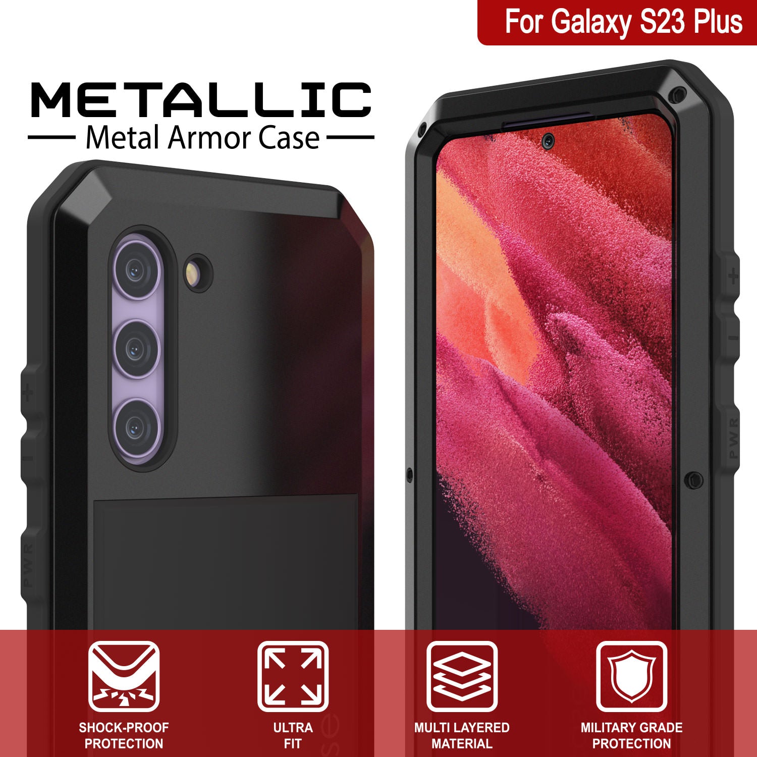 Galaxy S23+ Plus Metal Case, Heavy Duty Military Grade Armor Cover [shock proof] Full Body Hard [Black]