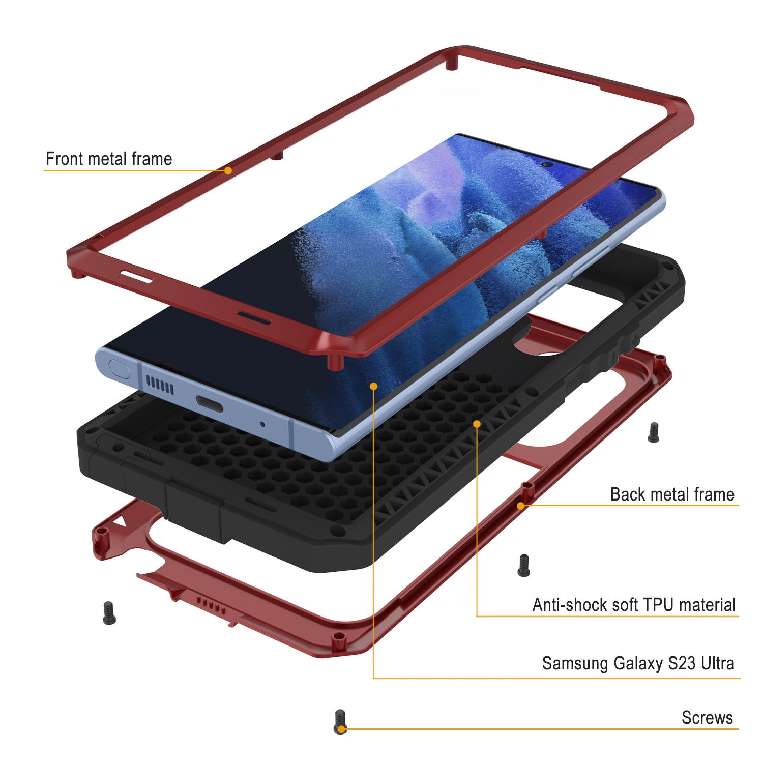 Galaxy S23 Ultra Metal Case, Heavy Duty Military Grade Armor Cover [shock proof] Full Body Hard [Red]