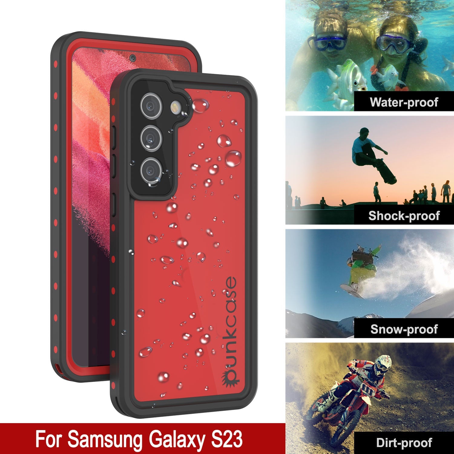 Galaxy S23 Waterproof Case PunkCase StudStar Red Thin 6.6ft Underwater IP68 Shock/Snow Proof