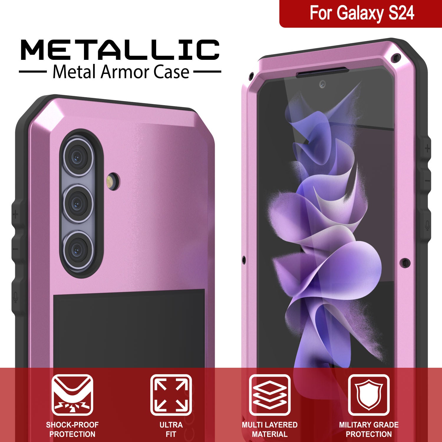 Galaxy S24 Metal Case, Heavy Duty Military Grade Armor Cover [shock proof] Full Body Hard [Pink]