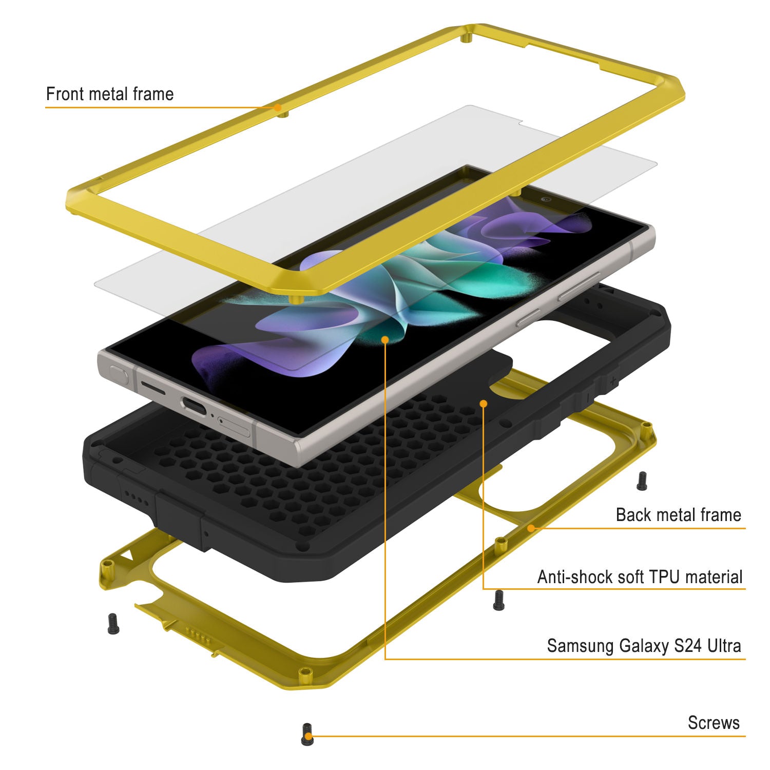 Galaxy S24 Ultra Metal Case, Heavy Duty Military Grade Armor Cover [shock proof] Full Body Hard [Yellow]