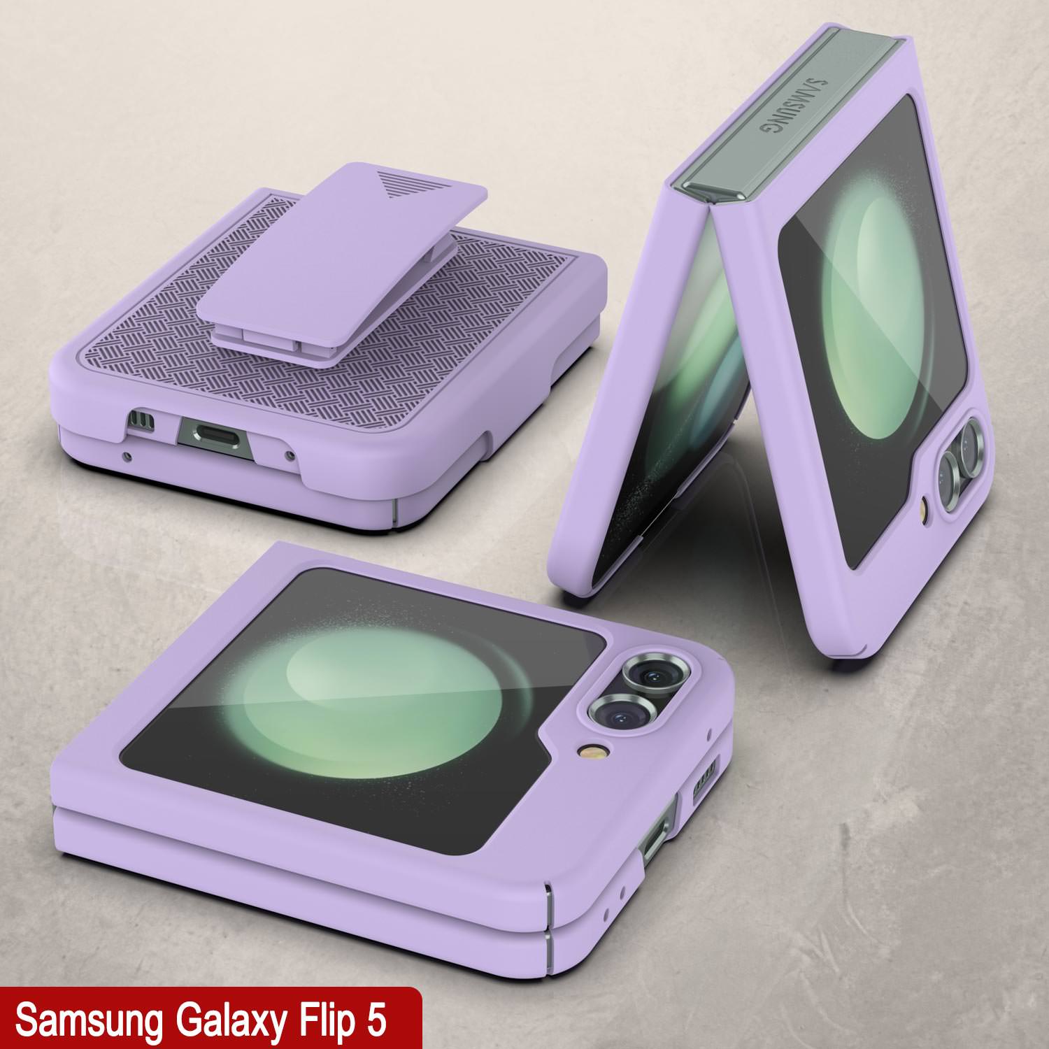 Galaxy Z Flip5 Case With Tempered Glass Screen Protector, Holster Belt Clip & Built-In Kickstand [Lilac]