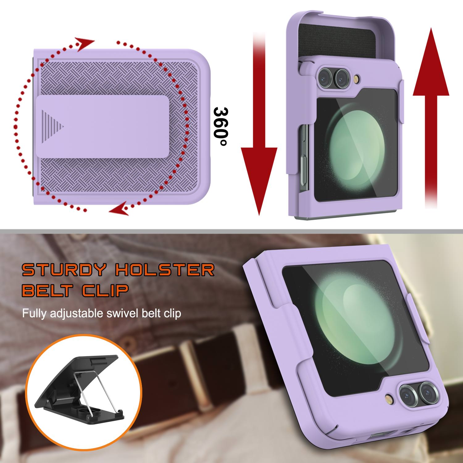 Galaxy Z Flip5 Case With Tempered Glass Screen Protector, Holster Belt Clip & Built-In Kickstand [Lilac]