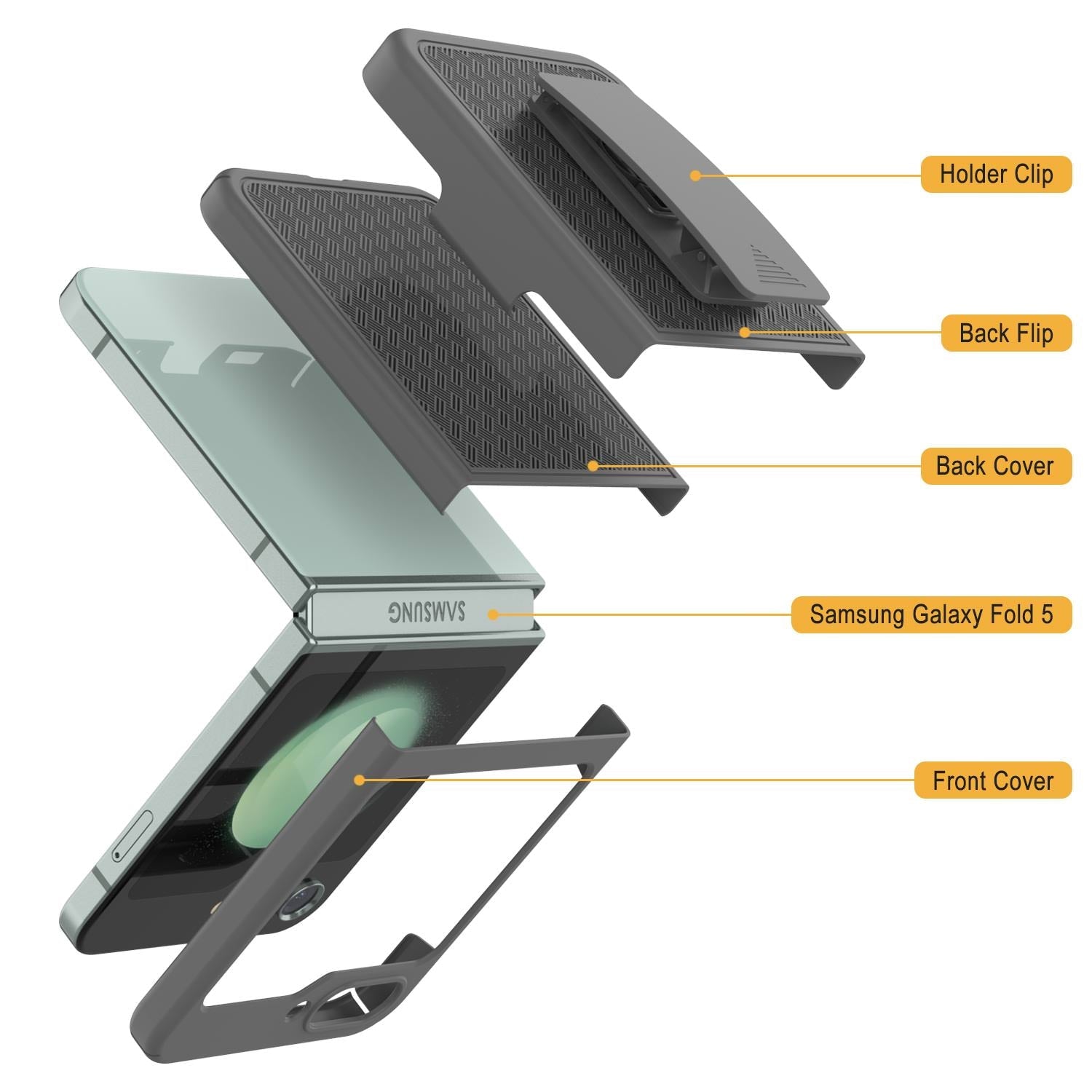 Galaxy Z Flip5 Case With Tempered Glass Screen Protector, Holster Belt Clip & Built-In Kickstand [Grey]