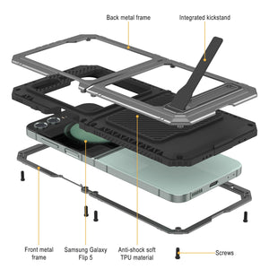 Galaxy Z Flip5 Metal Case, Heavy Duty Military Grade Armor Cover Full Body Hard [Silver]