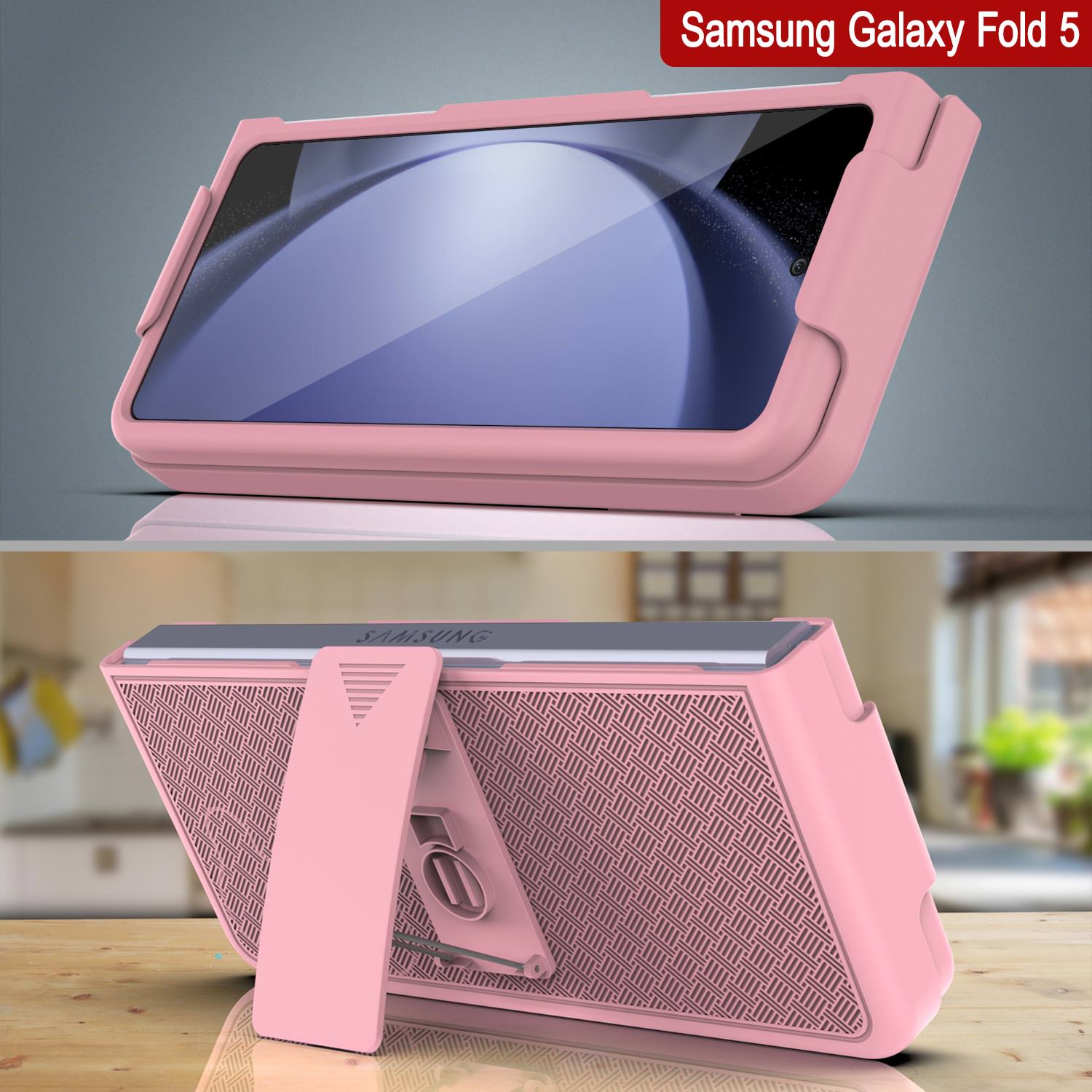 Galaxy Z Fold5 Case With Tempered Glass Screen Protector, Holster Belt Clip & Built-In Kickstand [Pink]