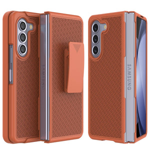 Galaxy Z Fold5 Case With Tempered Glass Screen Protector, Holster Belt Clip & Built-In Kickstand [Orange]