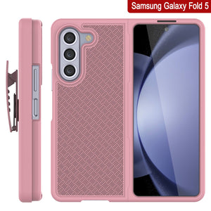 Galaxy Z Fold5 Case With Tempered Glass Screen Protector, Holster Belt Clip & Built-In Kickstand [Pink]