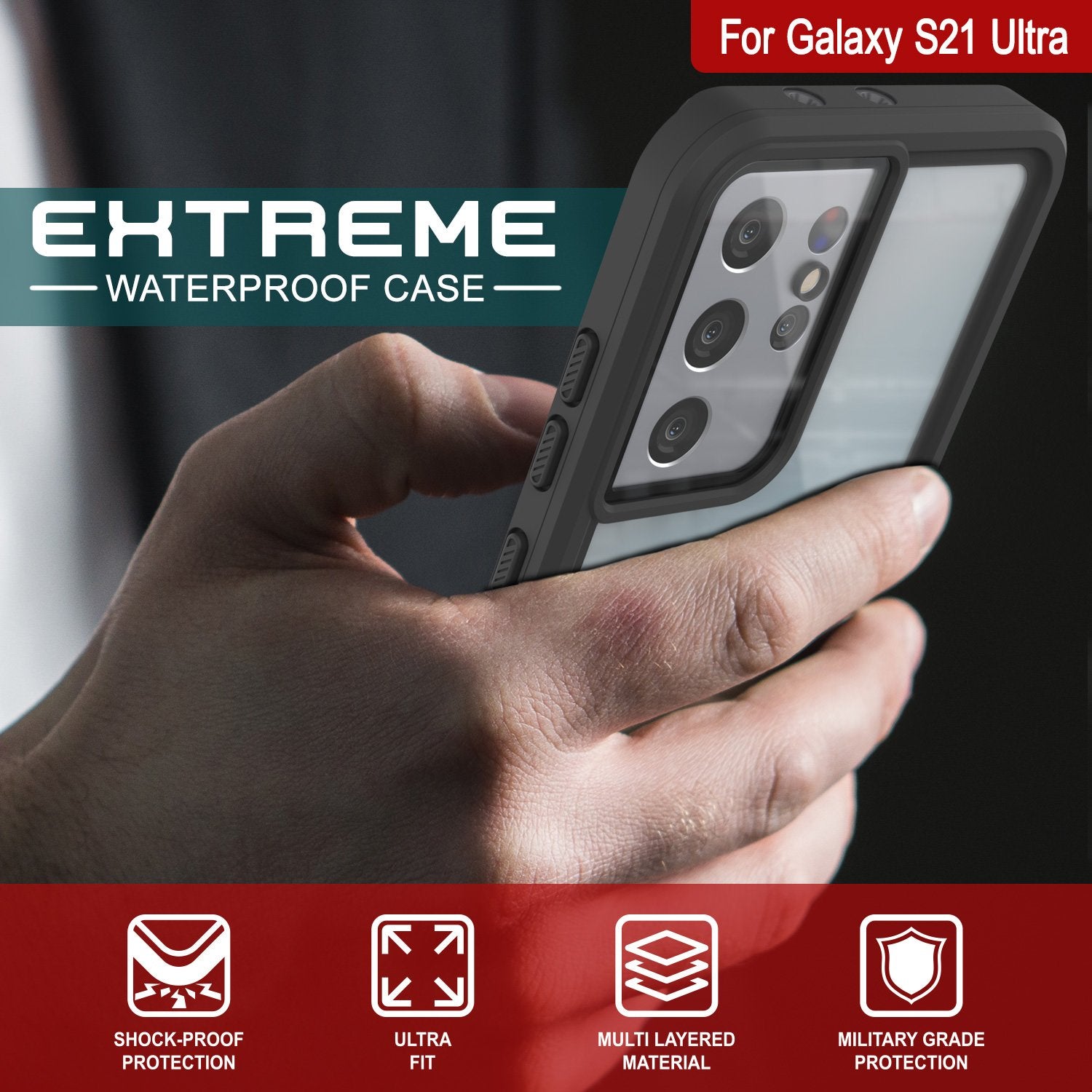 Galaxy S21 Ultra Water/Shock/Snowproof [Extreme Series] Slim Screen Protector Case [Red]