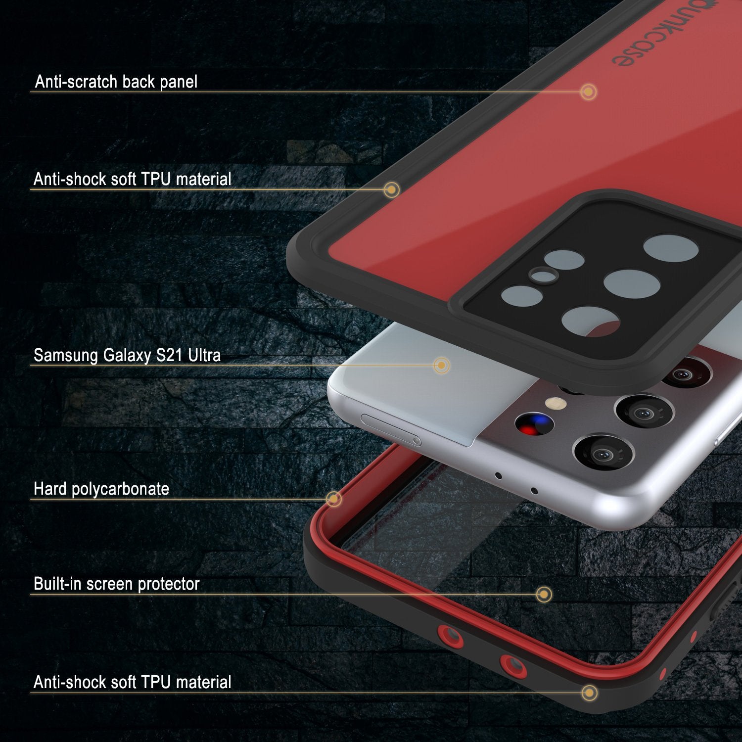 Galaxy S21 Ultra Waterproof Case PunkCase StudStar Red Thin 6.6ft Underwater IP68 Shock/Snow Proof