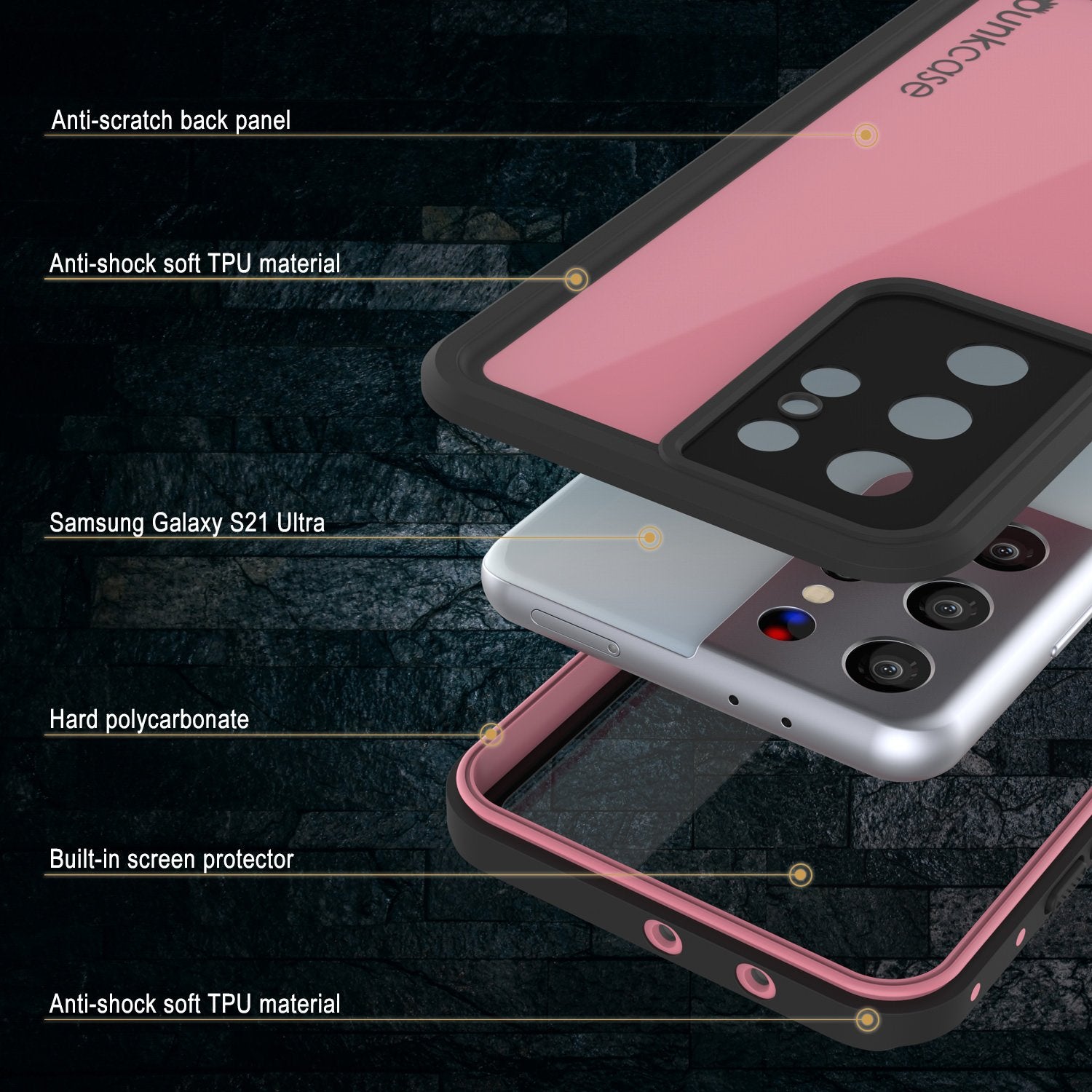 Galaxy S21 Ultra Waterproof Case PunkCase StudStar Pink Thin 6.6ft Underwater IP68 Shock/Snow Proof