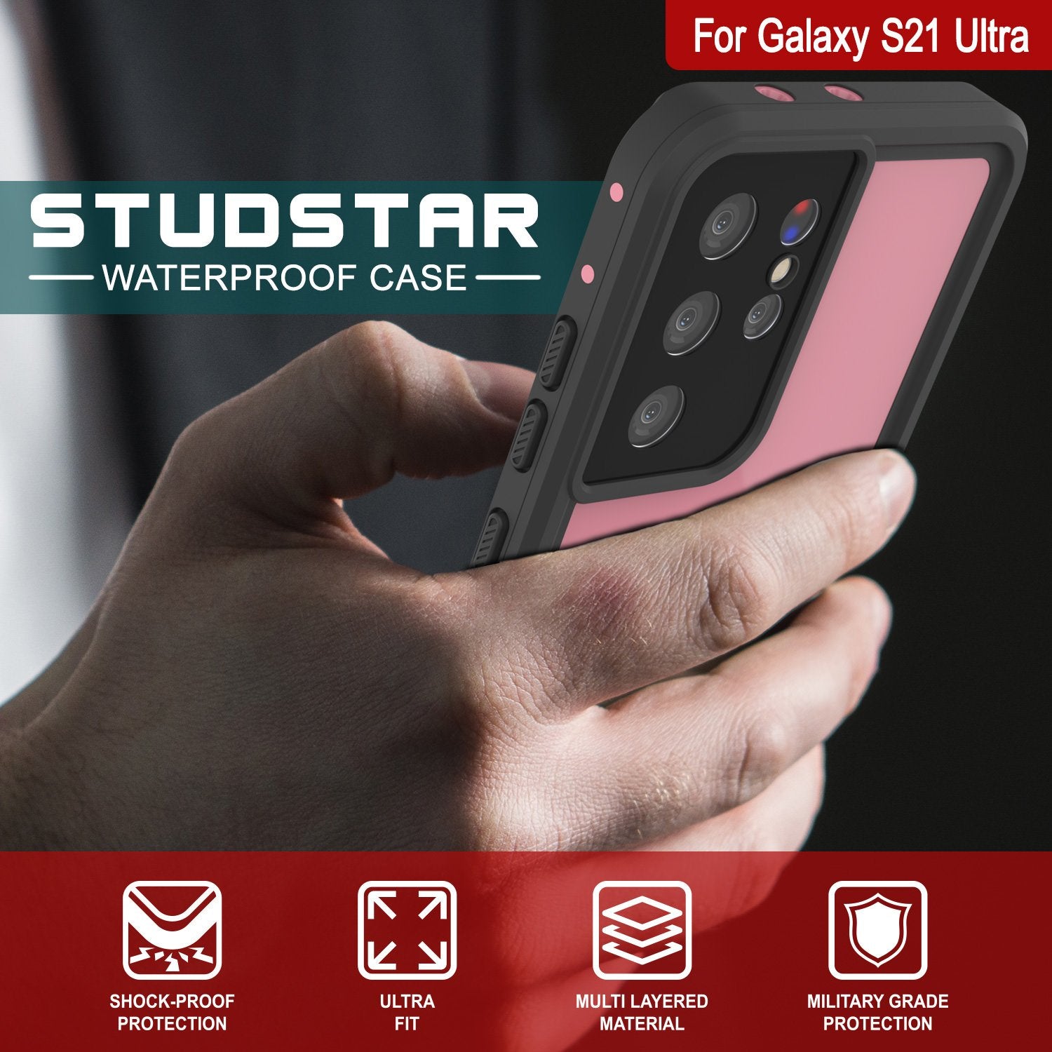 Galaxy S21 Ultra Waterproof Case PunkCase StudStar Pink Thin 6.6ft Underwater IP68 Shock/Snow Proof