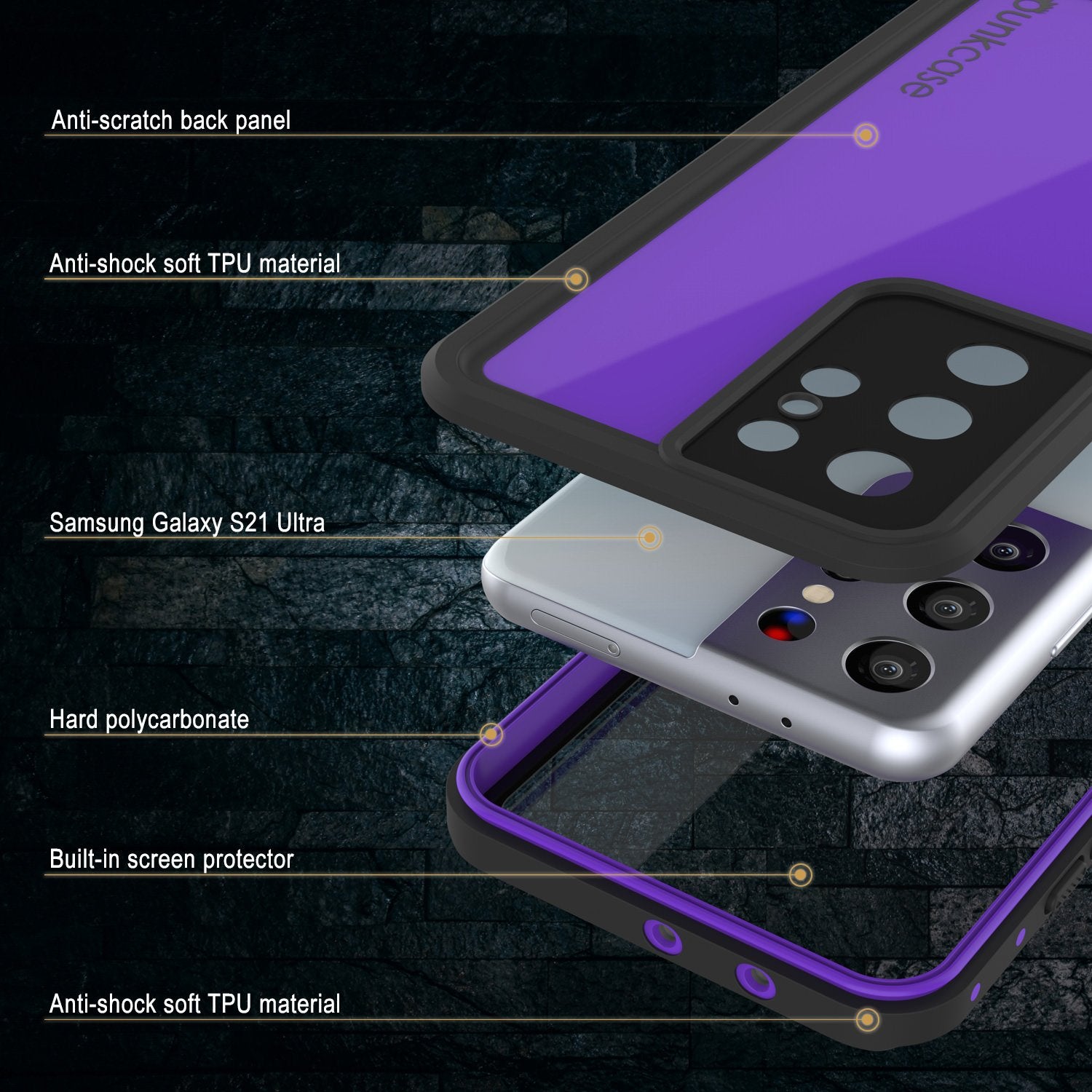 Galaxy S21 Ultra Waterproof Case PunkCase StudStar Purple Thin 6.6ft Underwater IP68 Shock/Snow Proof