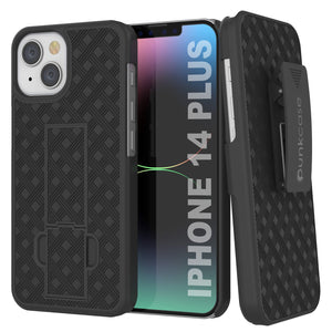 iPhone 15 Plus Case With Tempered Glass Screen Protector, Holster Belt Clip & Built-In Kickstand [Black]