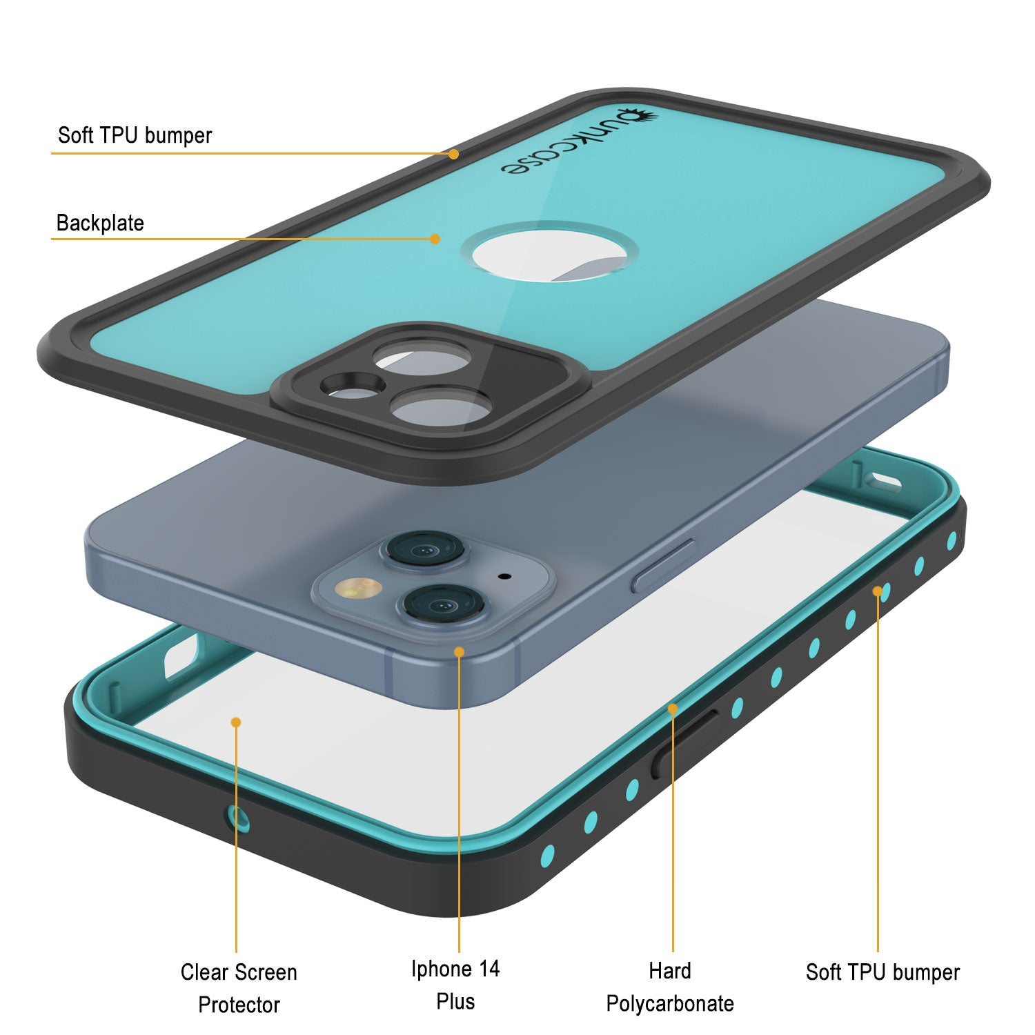 iPhone 14 Plus Waterproof IP68 Case, Punkcase [Teal] [StudStar Series] [Slim Fit]