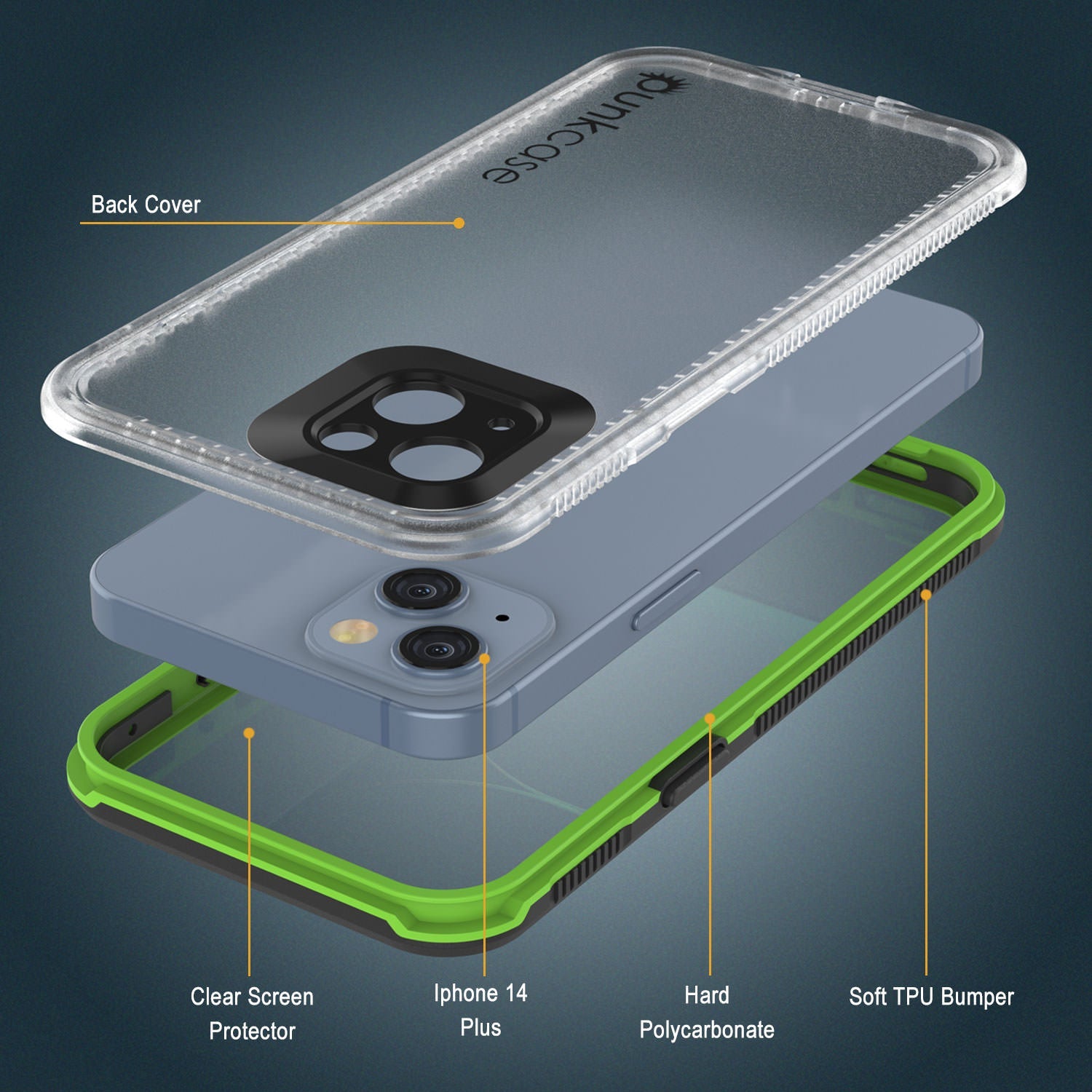 Punkcase iPhone 14 Plus Waterproof Case [Aqua Series] Armor Cover [Clear Black] [Clear Back]