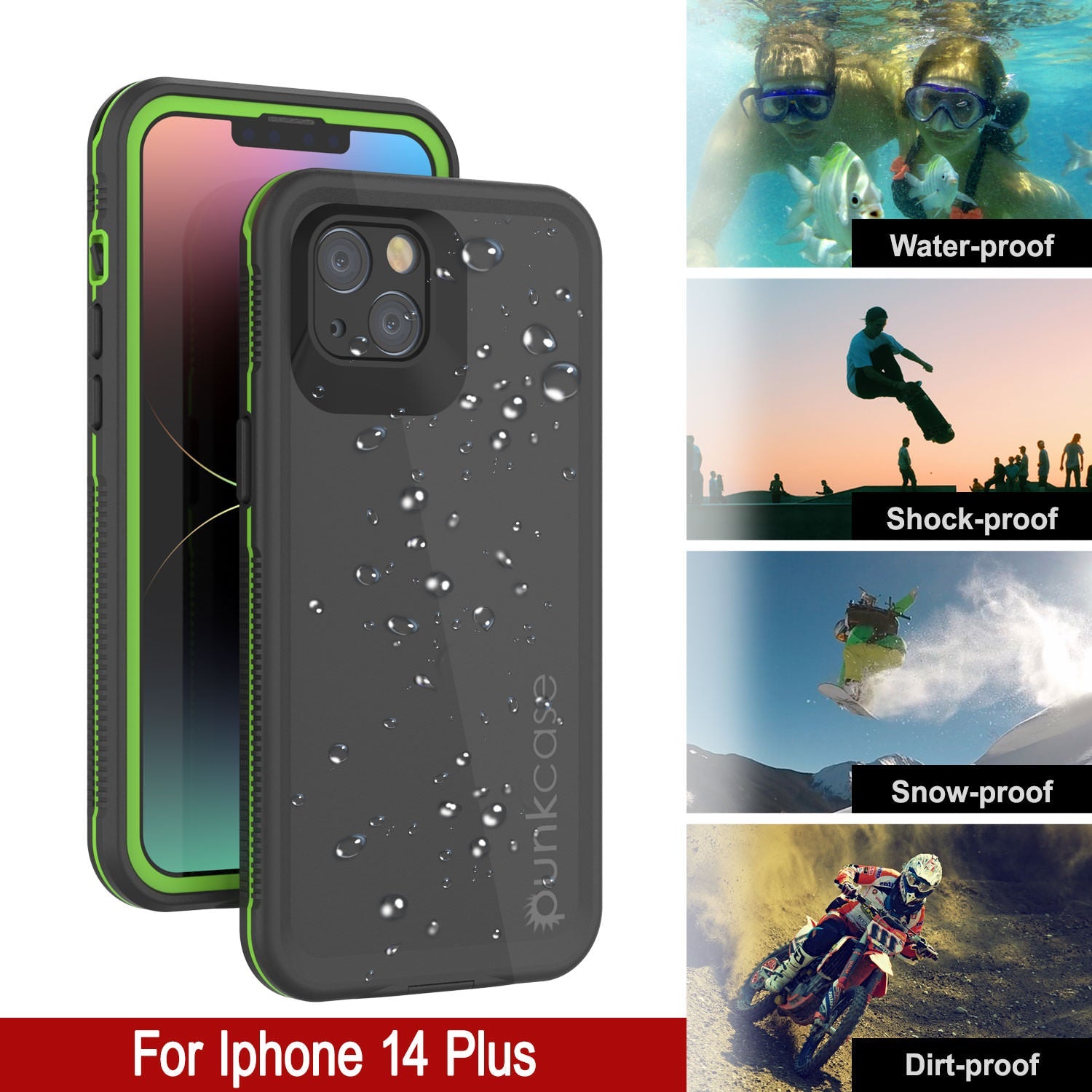 Punkcase iPhone 14 Plus Waterproof Case [Aqua Series] Armor Cover [Black-Green]