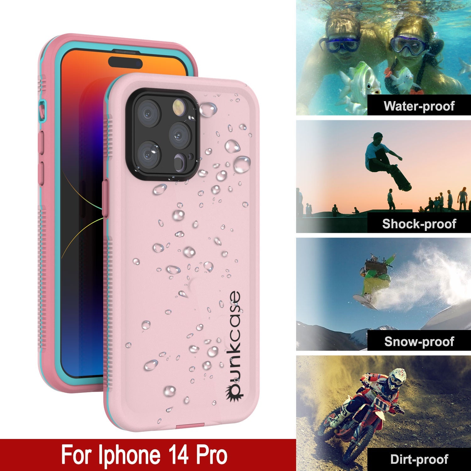 Punkcase iPhone 14 Pro Waterproof Case [Aqua Series] Armor Cover [Pink]