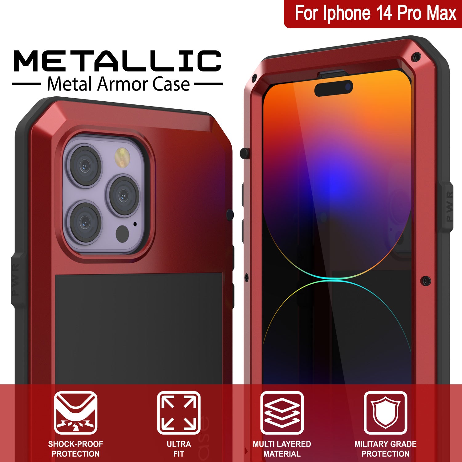 iPhone 14 Pro Max Metal Case, Heavy Duty Military Grade Armor Cover [shock proof] Full Body Hard [Red]