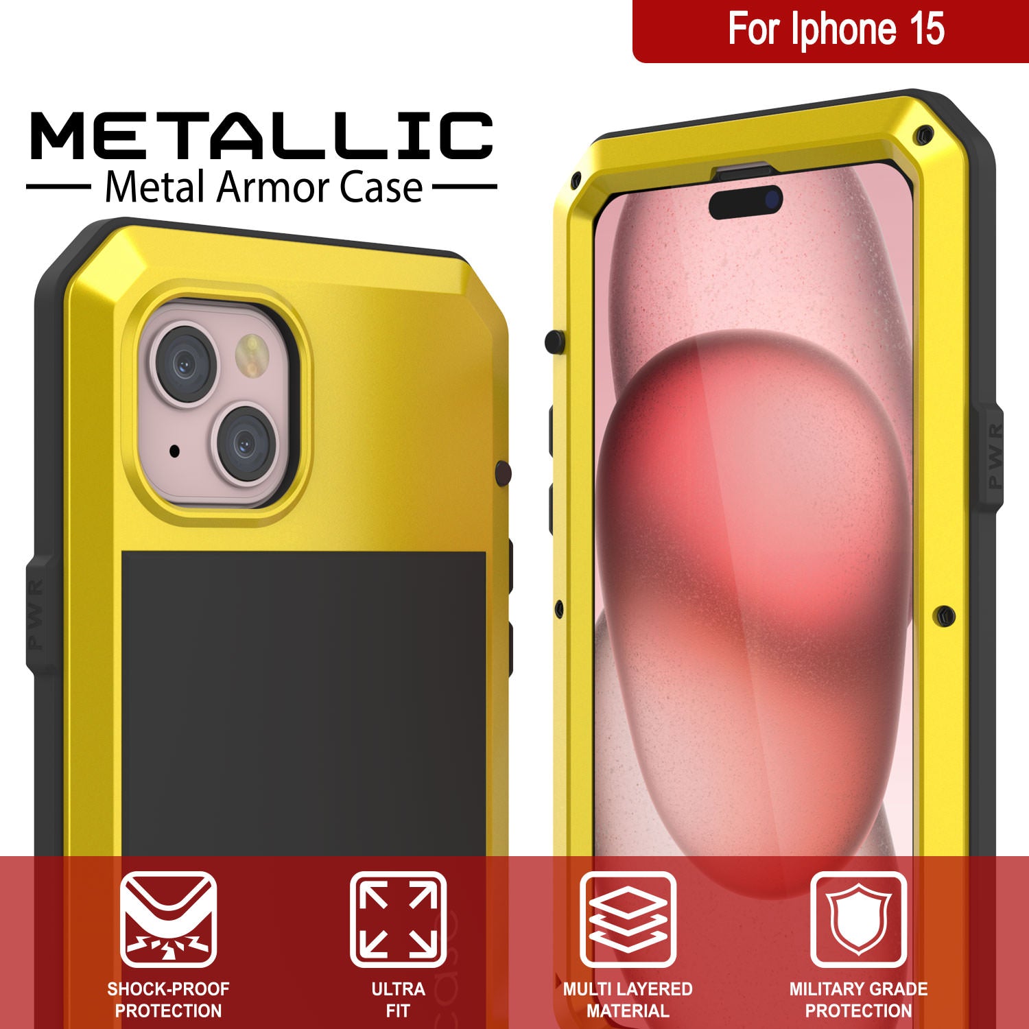 iPhone 15 Metal Case, Heavy Duty Military Grade Armor Cover [shock proof] Full Body Hard [Yellow]