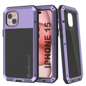 iPhone 15 Metal Case, Heavy Duty Military Grade Armor Cover [shock proof] Full Body Hard [Purple]