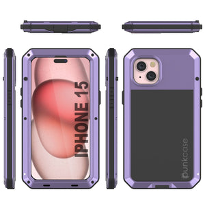 iPhone 15 Metal Case, Heavy Duty Military Grade Armor Cover [shock proof] Full Body Hard [Purple]