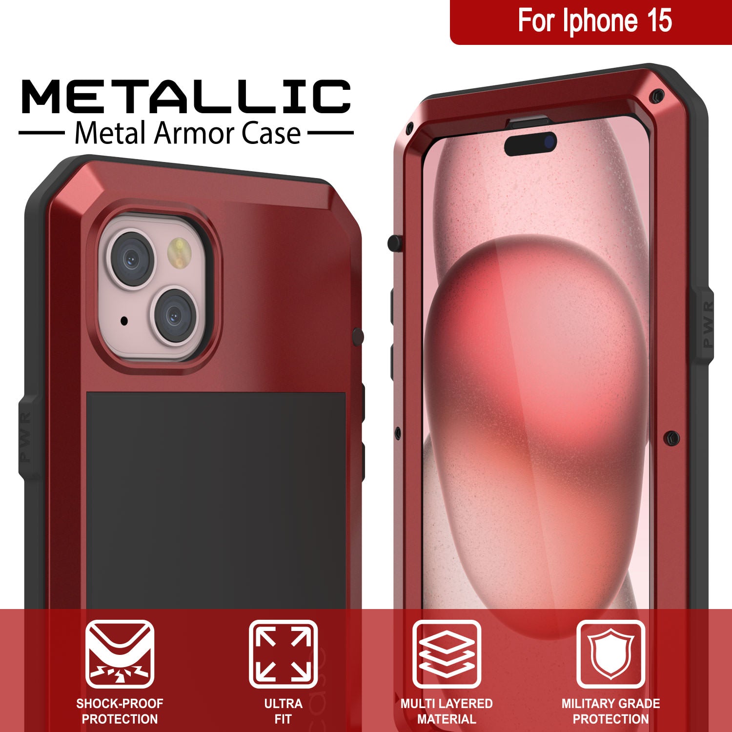 iPhone 15 Metal Case, Heavy Duty Military Grade Armor Cover [shock proof] Full Body Hard [Red]