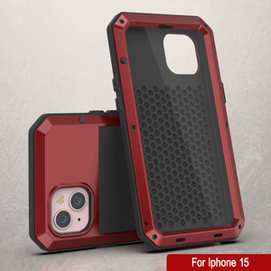 iPhone 15 Metal Case, Heavy Duty Military Grade Armor Cover [shock proof] Full Body Hard [Red]