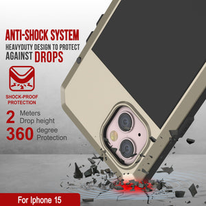 iPhone 15 Metal Case, Heavy Duty Military Grade Armor Cover [shock proof] Full Body Hard [Gold]