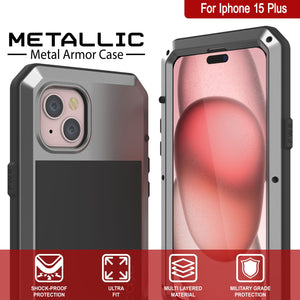 iPhone 15 Plus Metal Case, Heavy Duty Military Grade Armor Cover [shock proof] Full Body Hard [Silver]