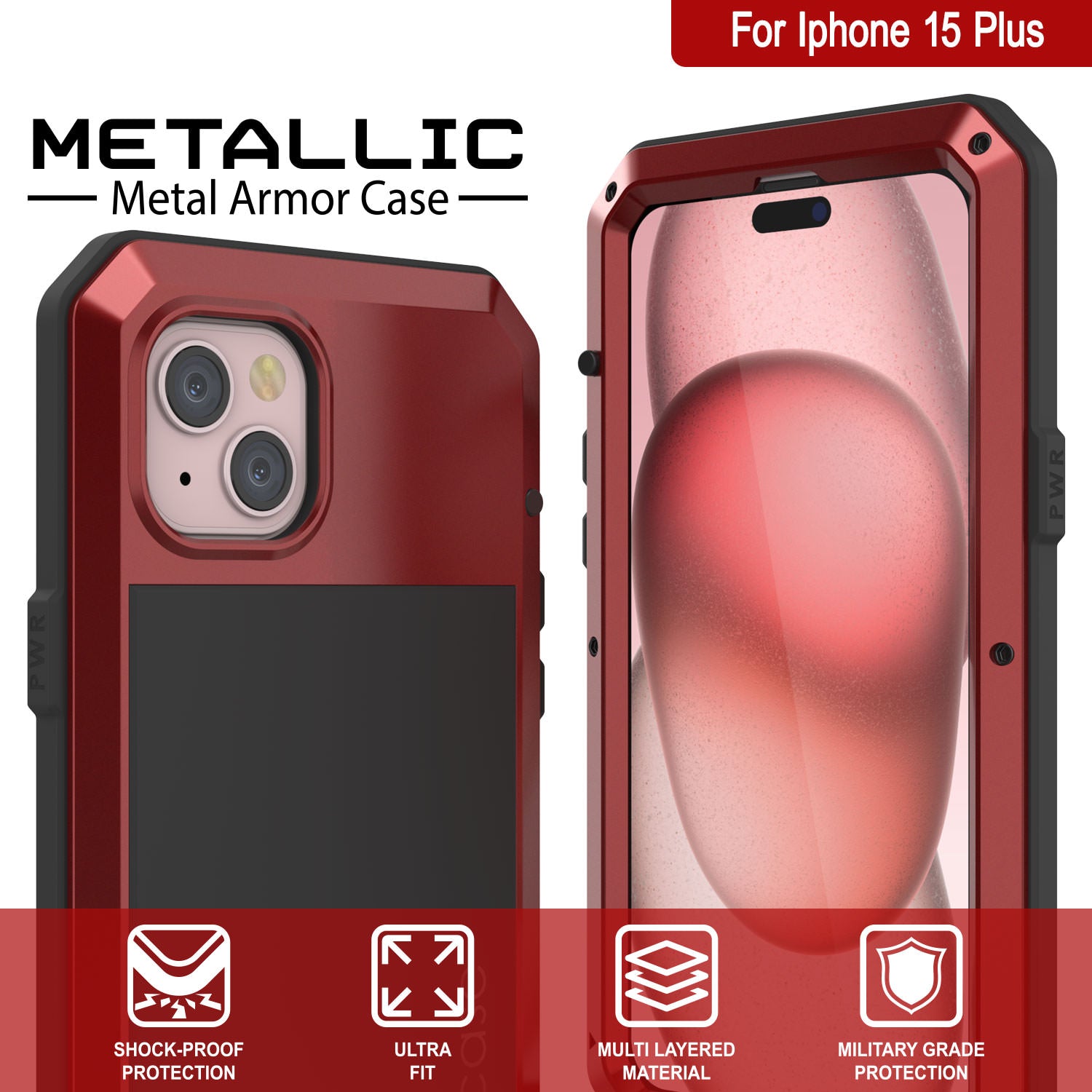 iPhone 15 Plus Metal Case, Heavy Duty Military Grade Armor Cover [shock proof] Full Body Hard [Red]