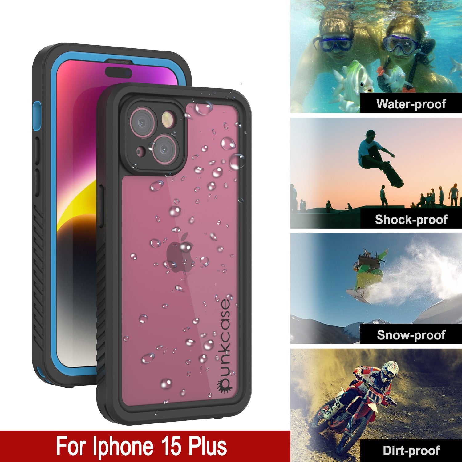 iPhone 15 Plus Waterproof Case, Punkcase [Extreme Series] Armor Cover W/ Built In Screen Protector [Light Blue]