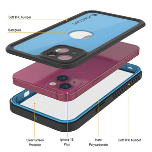 iPhone 15 Plus Waterproof IP68 Case, Punkcase [Light blue] [StudStar Series] [Slim Fit] [Dirtproof]