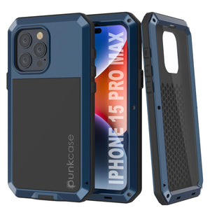 iPhone 15 Pro Max Metal Case, Heavy Duty Military Grade Armor Cover [shock proof] Full Body Hard [Blue]