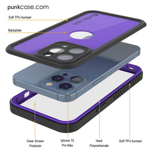 iPhone 15 Pro Max Waterproof IP68 Case, Punkcase [Purple] [StudStar Series] [Slim Fit] [Dirtproof]