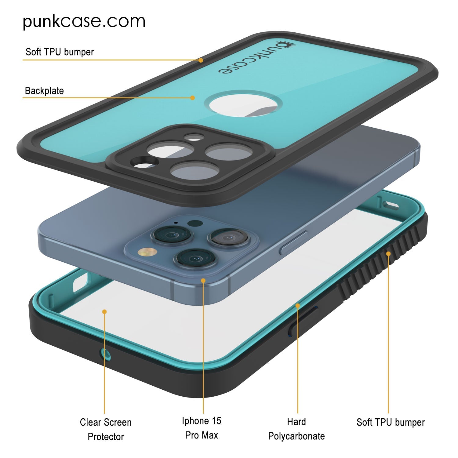 iPhone 15 Pro Max Waterproof IP68 Case, Punkcase [Teal] [StudStar Series] [Slim Fit]