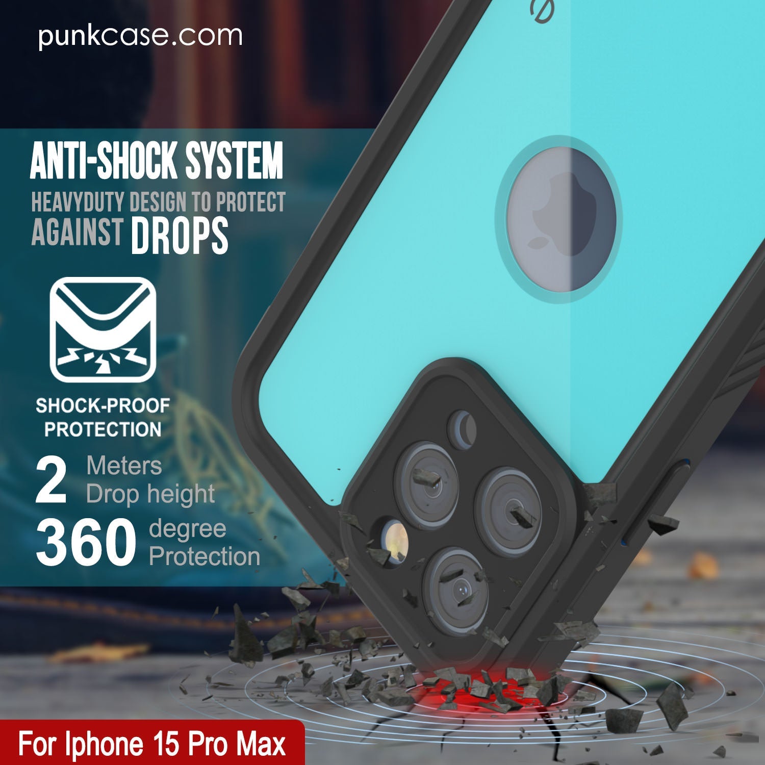 iPhone 15 Pro Max Waterproof IP68 Case, Punkcase [Teal] [StudStar Series] [Slim Fit]