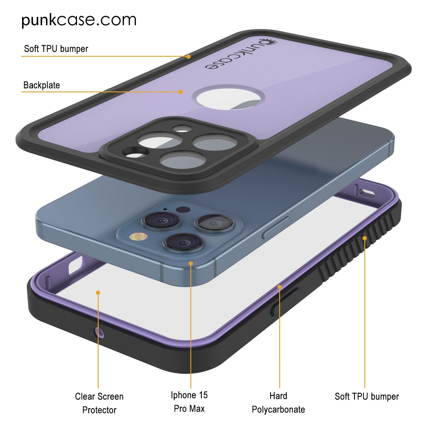 iPhone 15 Pro Max Waterproof IP68 Case, Punkcase [Lilac] [StudStar Series] [Slim Fit] [Dirtproof]