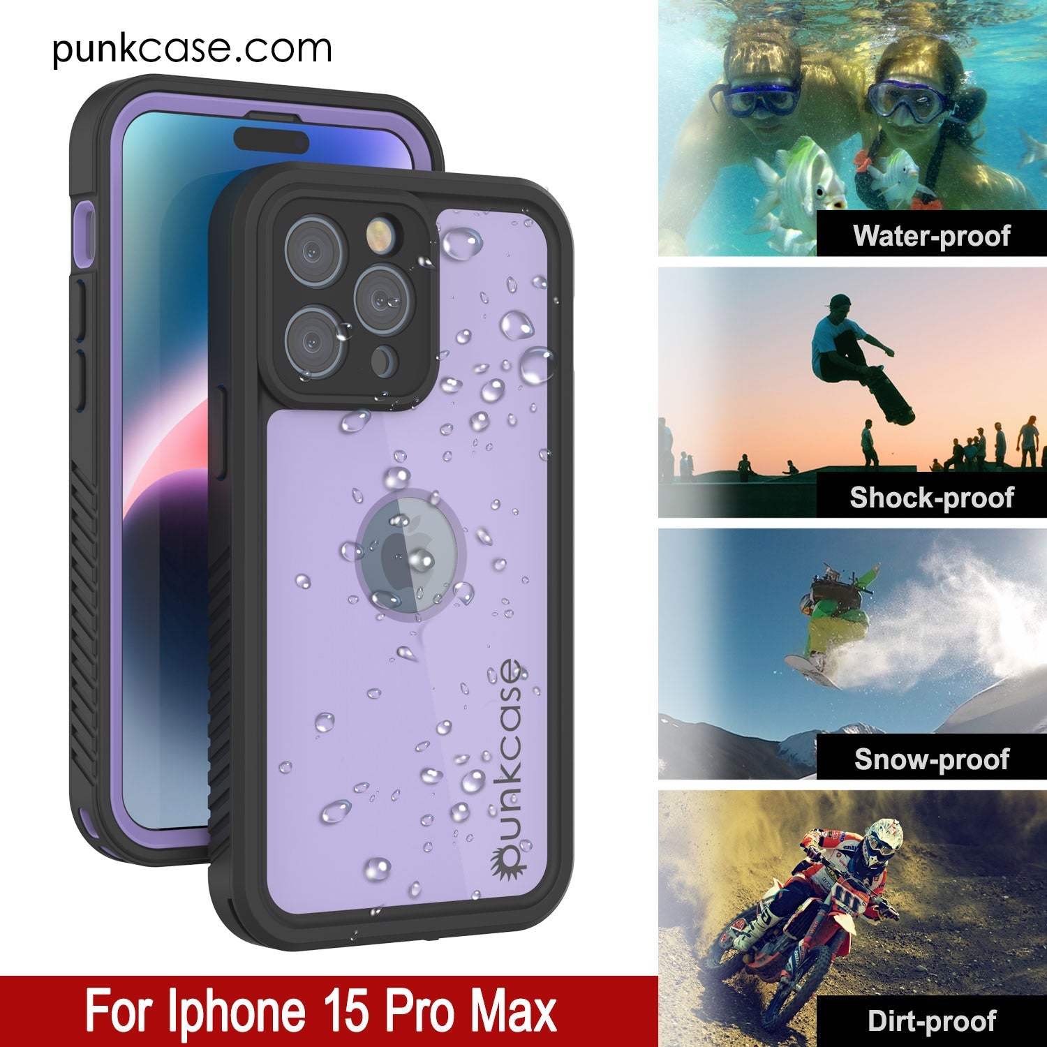 iPhone 15 Pro Max Waterproof IP68 Case, Punkcase [Lilac] [StudStar Series] [Slim Fit] [Dirtproof]