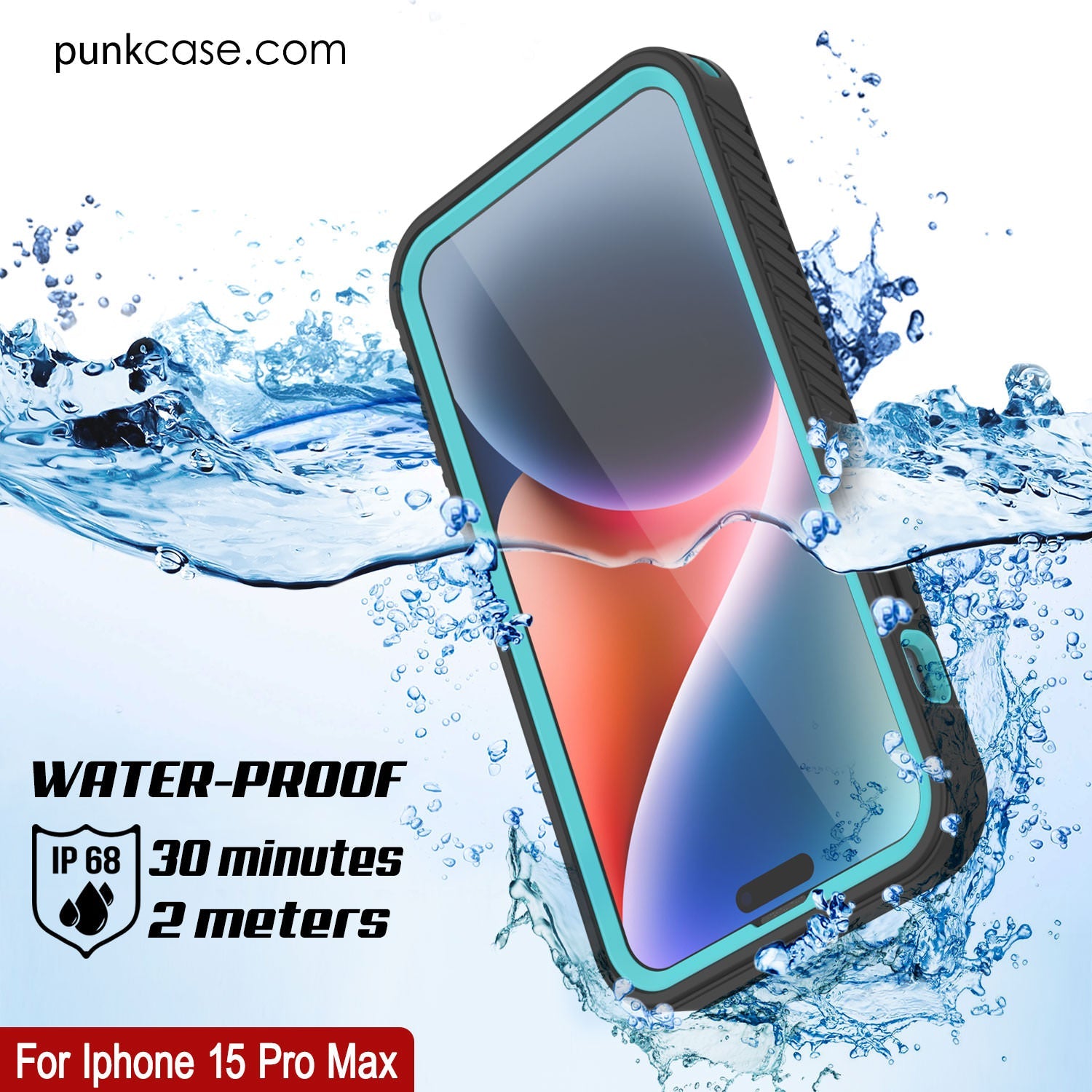 iPhone 15 Pro Max Waterproof IP68 Case, Punkcase [Teal] [StudStar Series] [Slim Fit]