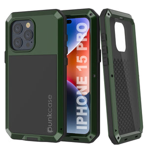 iPhone 15 Pro Metal Case, Heavy Duty Military Grade Armor Cover [shock proof] Full Body Hard [Dark Green]