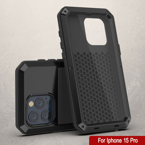 iPhone 15 Pro Metal Case, Heavy Duty Military Grade Armor Cover [shock proof] Full Body Hard [Black]