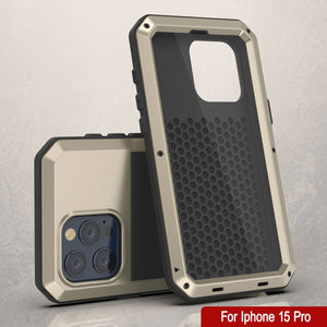 iPhone 15 Pro Metal Case, Heavy Duty Military Grade Armor Cover [shock proof] Full Body Hard [Gold]