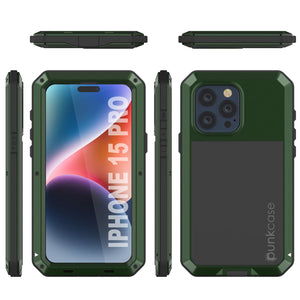 iPhone 15 Pro Metal Case, Heavy Duty Military Grade Armor Cover [shock proof] Full Body Hard [Dark Green]