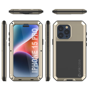 iPhone 15 Pro Metal Case, Heavy Duty Military Grade Armor Cover [shock proof] Full Body Hard [Gold]